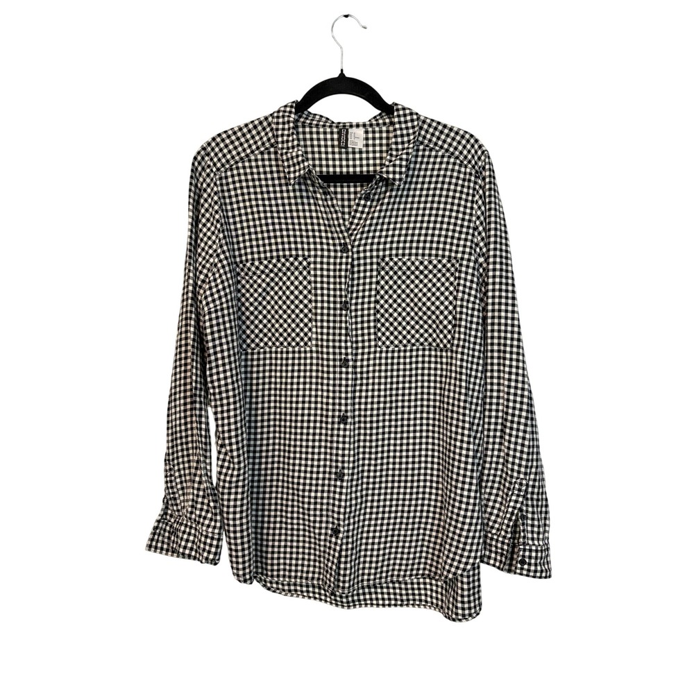 H&M Divided Gingham Plaid Button Down‎ Shirt Black White Size 12 Cotton Blouse